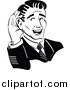 Clipart of a Retro Handsome Businessman Cupping His Ear Black and White by Andy Nortnik