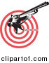 Clipart of a Retro Male Hunter Aiming Upwards and to the Right over a Red Target by Patrimonio