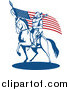 Clipart of a Retro Soldier Playing a Trumpet on Horseback by an American Flag by Patrimonio