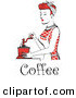 Retro Clipart of a Beautiful Red Haired Housewife or Maid Woman Wearing a Red Outfit Using a Manual Coffee Grinder, with Text by Andy Nortnik