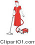 Retro Clipart of a Clean Red Haired Housewife or Maid Woman in a Long Red Dress and Heels, Using a Canister Vacuum to Clean the Floors by Andy Nortnik