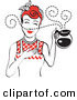 Retro Clipart of a Red Haired Waitress Woman Smelling the Wonderful Aroma of Fresh, Hot Coffee While Holding a Coffee Pot by Andy Nortnik