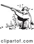 Retro Clipart of a Retro Black and White Hunter Wading and Shooting at Ducks by BestVector