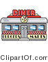 Retro Clipart of a Retro Old Fashioned Diner Building with a Clock on It and Signs Advertising Burgers and Malts by Andy Nortnik
