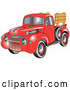 Retro Clipart of a Retro Red 1945 Ford Pickup Truck with a Spacfe Tire on the Side And, Chrome Accents, Red Wall Tires and Wooden Panels Along the Truck Bed by Andy Nortnik