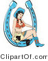 Retro Clipart of a Sexy Brunette Cowgirl in a Red Halter Top and Mini Skirt, Sitting in a Horseshoe and Holding Playing Cards in Her Hand by Andy Nortnik