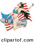 Retro Clipart of a Sexy Brunette Woman in a Stars and Stripes Bikini, Riding a USA Rocket in Front of an American Flag by Andy Nortnik