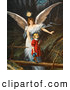 Retro Clipart of a Vintage Painting of a Female Guardian Angel Guiding a Little Girl in a Red Dress Across a Dangerous Log Bridge over a Gorge, Circa 1890 by OldPixels