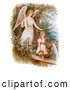 Retro Clipart of a Vintage Painting of a Female Guardian Angel Looking over a Little Girl As She Carries Flowers and a Basket Across a Log over a Cliff and River, Circa 1890 by OldPixels