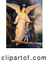 Retro Clipart of a Vintage Painting of a Female Guardian Angel Protecting a Little Girl As She Crosses a Gorge on a Narrow Bridge, Carrying a Basket and Flowers, Circa 1890 by OldPixels