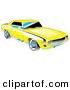 Retro Clipart of a Yellow 1969 Chevrolet RS/SS Camaro Muscle Car with Black Stripes on the Sides and Chrome Detailing Driving Right by Andy Nortnik