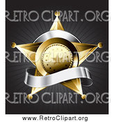 Clipart of a 3d Gold Star Police Badge with a Blank Silver Banner on a Bursting Gray Background by TA Images
