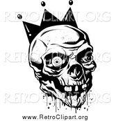 Clipart of a Black and White Bloody Joker Skull with Missing Teeth and One Eyeball by Lawrence Christmas Illustration