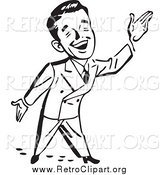 Clipart of a Black and White Happy Retro Businessman Gesturing up to the Right by BestVector