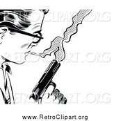 Clipart of a Black and White Retro Pop Art Man with a Cigarette and Gun by Brushingup
