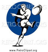 Clipart of a Black and White Retro Rugby Football Player Kicking over a Blue Circle by Patrimonio