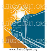 Clipart of a Blue Steam Engine Train Traveling Towards the Sunset by Patrimonio