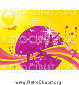 Clipart of a Disco Ball, Silhouetted Pink People, Flowers and Palm Trees with an Airplane and Butterflies on a Yellow Background by Elaineitalia