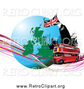 Clipart of a Double Decker Bus Passing Big Ben with a Globe and Waves by