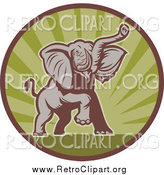 Clipart of a Mad Elephant Charging in a Green Ray and Brown Circle by Patrimonio