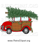 Clipart of a Red Woody Car Draped with a Garland and a Christmas Tree on the Roof by Djart