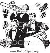 Clipart of a Retro Black and White Band Playing a Trumpet, Saxophone and Drums by BestVector
