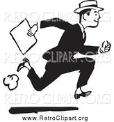 Clipart of a Retro Black and White Businessman Running with a Document by BestVector