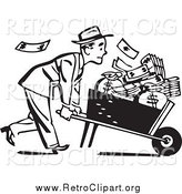 Clipart of a Retro Black and White Businessman with a Wheel Barrow of Cash to the Right by BestVector