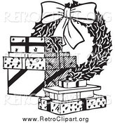 Clipart of a Retro Black and White Christmas Wreath and Gifts by BestVector