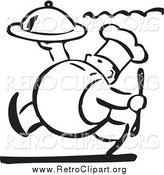 Clipart of a Retro Black and White Chubby Chef Carrying a Platter by BestVector