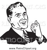 Clipart of a Retro Black and White Confidnet Businessman Gesturing over His Shoulder with with His Thumb by BestVector