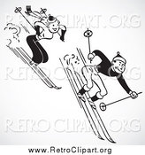 Clipart of a Retro Black and White Couple Skiing Downhill, over Gray Shading by BestVector