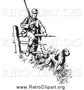 Clipart of a Retro Black and White Dog Leading a Hunter over a Fence by BestVector
