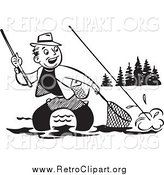 Clipart of a Retro Black and White Fisherman Wading and Trying to Get His Fish in a Net by BestVector