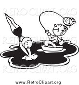 Clipart of a Retro Black and White Guy Fishing While a Woman Dives in a Lake by BestVector