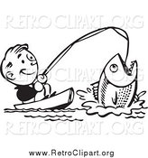 Clipart of a Retro Black and White Happy Man Catching a Giant Fish by BestVector