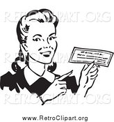 Clipart of a Retro Black and White Happy Woman Holding a Check by BestVector
