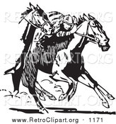 Clipart of a Retro Black and White Jockey and Racing Horses by BestVector