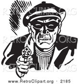 Clipart of a Retro Black and White Male Criminal Pointing a Gun by BestVector