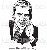 Clipart of a Retro Black and White Man Cupping His Hand Around His Mouth and Shouting by BestVector