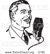 Clipart of a Retro Black and White Man Talking into a Microphone by BestVector