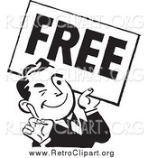 Clipart of a Retro Black and White Man with a Free Sign by BestVector