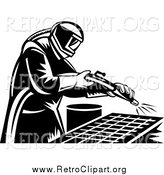 Clipart of a Retro Black and White Sand Blaster Man Working by Patrimonio