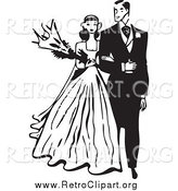 Clipart of a Retro Black and White Wedding Couple Walking Arm in Arm by BestVector
