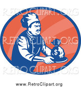 Clipart of a Retro Blue and White Chef Serving Money in an Orange Oval by Patrimonio