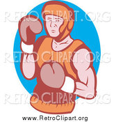 Clipart of a Retro Boxer over in a Blue Oval by Patrimonio