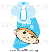 Clipart of a Retro Boy Thinking of a Bottle of Milk over a Blue Starry Sky by Xunantunich
