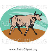 Clipart of a Retro Bull in a Green Sunshine Oval by Patrimonio
