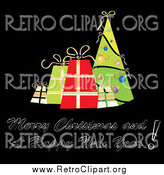 Clipart of a Retro Christmas Greeting with Presents and a Tree on Black by MilsiArt