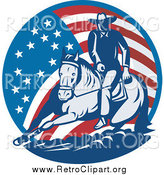 Clipart of a Retro Cowboy and Horse in an American Flag Circle by Patrimonio